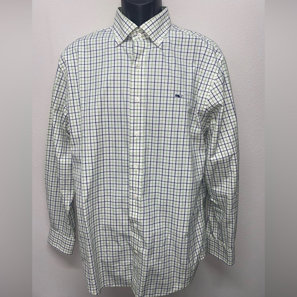 Vineyard Vines Mens Medium Green Blue Check Button Down Classic Fit Whale Shirt